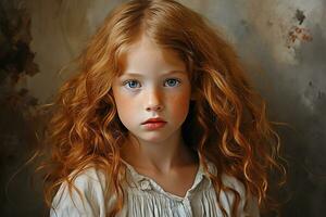 Ai generated studio portrait of cutle little curly ginger girl on different colours background photo