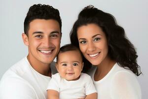 ai generado estudio retrato de hermosa padres con infantil bebé participación en manos en diferente colores antecedentes foto