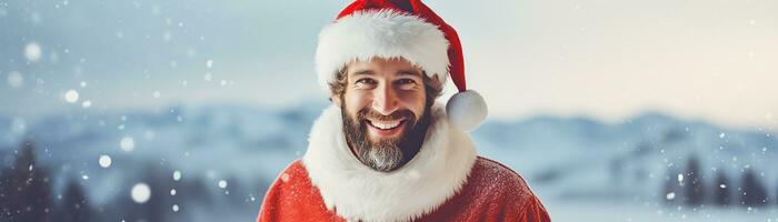 ai generado retrato de hermoso sonriente hombre en Papa Noel claus vistiendo foto