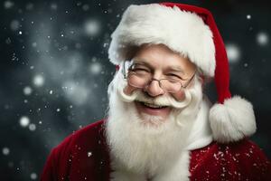 ai generado retrato de hermoso sonriente hombre en Papa Noel claus vistiendo foto