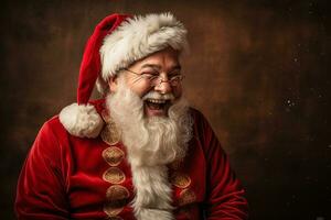ai generado retrato de hermoso sonriente hombre en Papa Noel claus vistiendo foto