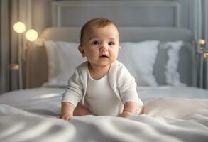 Soft Serenity Newborn Relaxing on White Blanket. Ai generated content photo