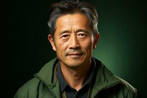 Studio portrait of handsome middle age asian man standing on different colours background photo
