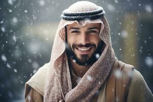 Ai generated portrait of handsome smiling man standing under the snowing photo