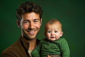 Studio portrait of handsome man holding infant baby in his hands on different colour background photo