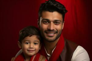 Studio portrait of handsome man holding infant baby in his hands on different colour background photo