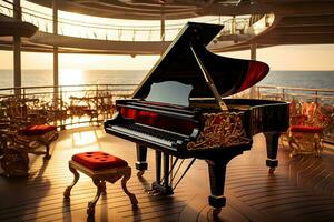 Grand piano standing at nature and in interior photo