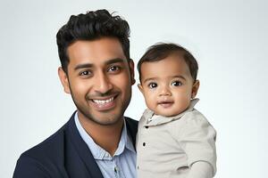 Studio portrait of handsome man holding infant baby in his hands on different colour background photo