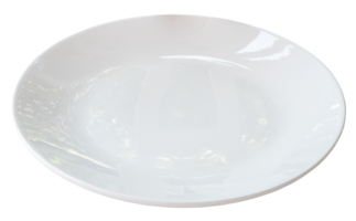 Célibataire blanc céramique assiette isolé avec coupure chemin dans png fichier format. proche en haut photo