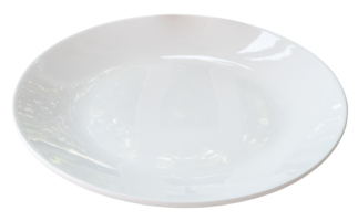 Single white ceramic plate isolated with clipping path in png file format. Close up photo