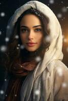 Ai generated portrait of beautiful young woman standing under the snow at winter time photo