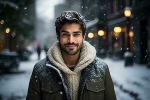 Ai generated portrait of handsome smiling man standing under the snowing photo