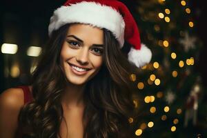 ai generado retrato de hermosa sonriente mujer en Papa Noel claus vistiendo foto