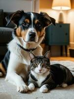 improbable compañeros un reconfortante perro y gato abrazo. ai generado. foto