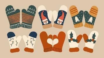 Set of cozy winter woolen mittens. Vector illustration in hand draw style