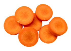 Fresh beautiful orange carrot slices in stack isolated with clipping path in png file format. Top view and close up