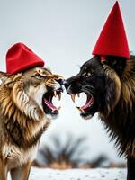 juguetón león y lobo con rojo sombreros. ai generado. foto