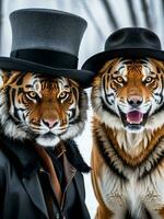 feroz Tigre y misterioso lobo en elegante sombreros y trajes ai generado. foto