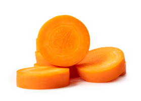 Fresh beautiful carrot slices in stack isolated with clipping path and shadow in png file format. Front view.