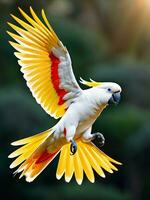 naturaleza s paleta cautivador colores de un majestuoso cacatúa en vuelo. ai generado. foto