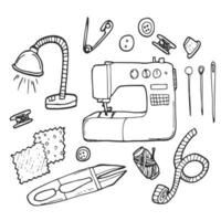 Vector graphic set of hand drawn sewing tools. Sewing kit illustration. Beautiful design elements.