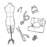 The collection of hand drawn tailor tools for your design. Doodle, sketch. vector