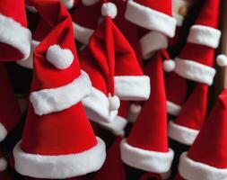 Festive Santa Claus Hats for a Merry Celebration. AI Generated. photo