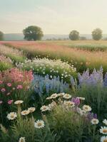 Nostalgic Beauty A Vintage Watercolor Field of Flowers. AI Generated. photo