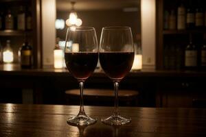 Captivating Reflections Wine Glasses in a Dimly Lit Bar. AI Generated. photo