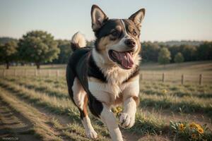 Playful Dog in a Field. AI Generated. photo