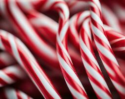 Sweet and Festive Candy Canes with Vibrant Red and White Stripes. AI Generated. photo