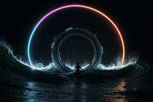 Neon Circle on Abstract Waves. AI Generated. photo
