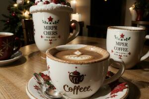 Festive Christmas Coffee Cups with Decorations. AI Generated. photo