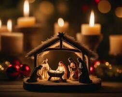 Delicate Christmas Manger Scene Illuminated with Warmth. AI Generated. photo