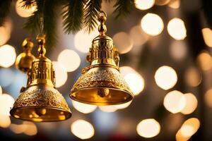 Sparkling Gold and Silver Bells Add Festive Charm. AI Generated. photo