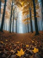 Enchanting Forest Scene with Falling Leaves. AI Generated. photo