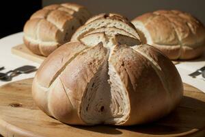 Savory Delights Mouthwatering Roast with Freshly Baked Bread. AI Generated. photo