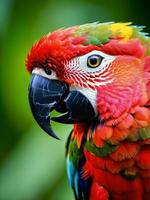 vibrante plumas un cerca arriba de un cautivador loro en un fauna silvestre colocar. ai generado. foto