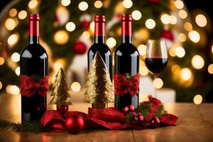 Whimsical Holiday Themed Wine Bottle Covers with Bokeh Effect. AI Generated. photo