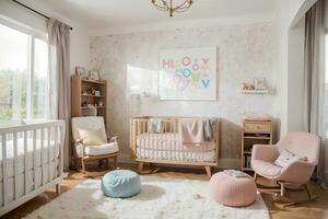 Dreamy Haven Exploring Modern Nursery Ideas for Stylish Parents. AI Generated. photo