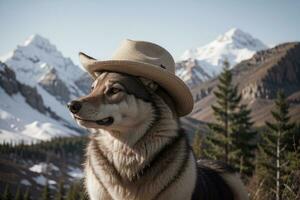 Stylish Hat Wearing Wolf Captured by Sarah Thompson. AI Generated. photo
