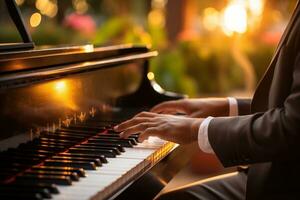 foto de masculino manos de un persona jugando el piano bokeh luces en el antecedentes. generativo ai