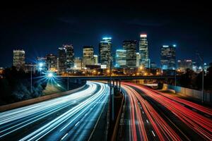 Night city long exposure photography. Generative AI photo