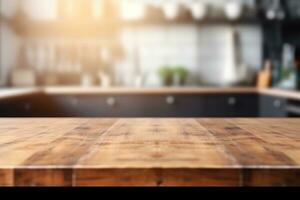 Empty wooden table and blurred kitchen background. Generative AI photo