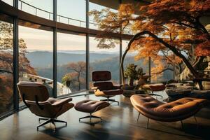 Living room inside a forest apartment, big glass windows photo