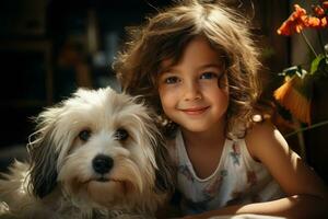 el pequeño niña es acostado en el piso jugando en el piso a hogar con un mascota perro. generativo ai foto