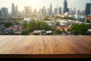 Empty top table no objects on the table blurred bangkok in the background. Generative AI photo