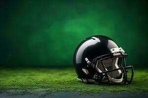 Minimalist photo of an American football helmet, artificial grass background. Generative AI