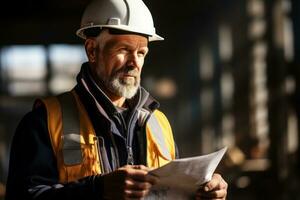 Construction worker holding a blueprint and discussing plans, bright background. Generative AI photo