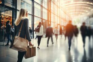 Blurred background of a modern shopping mall with some shoppers. Generative AI photo